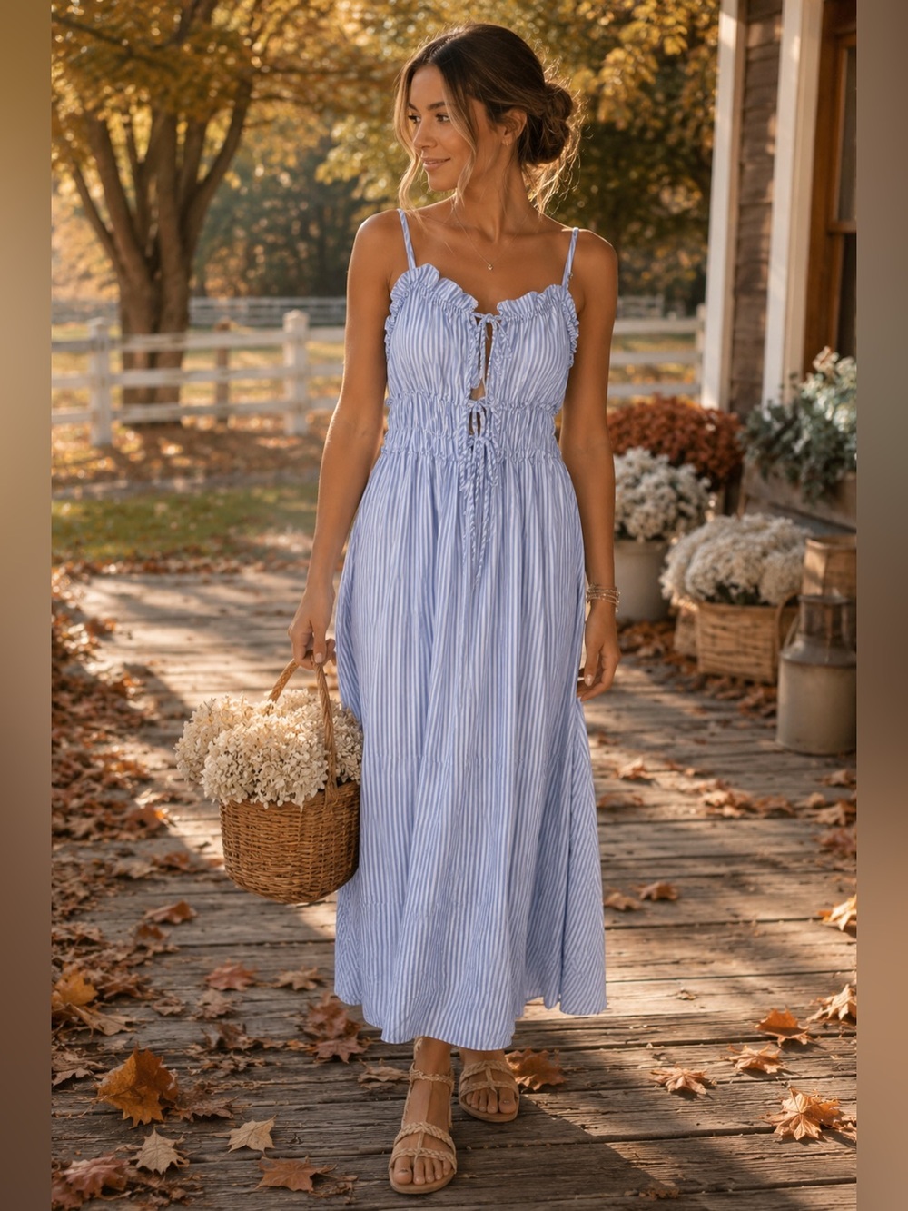 Light Blue and White Striped Smocked Maxi Dress - Women S Cottagecore